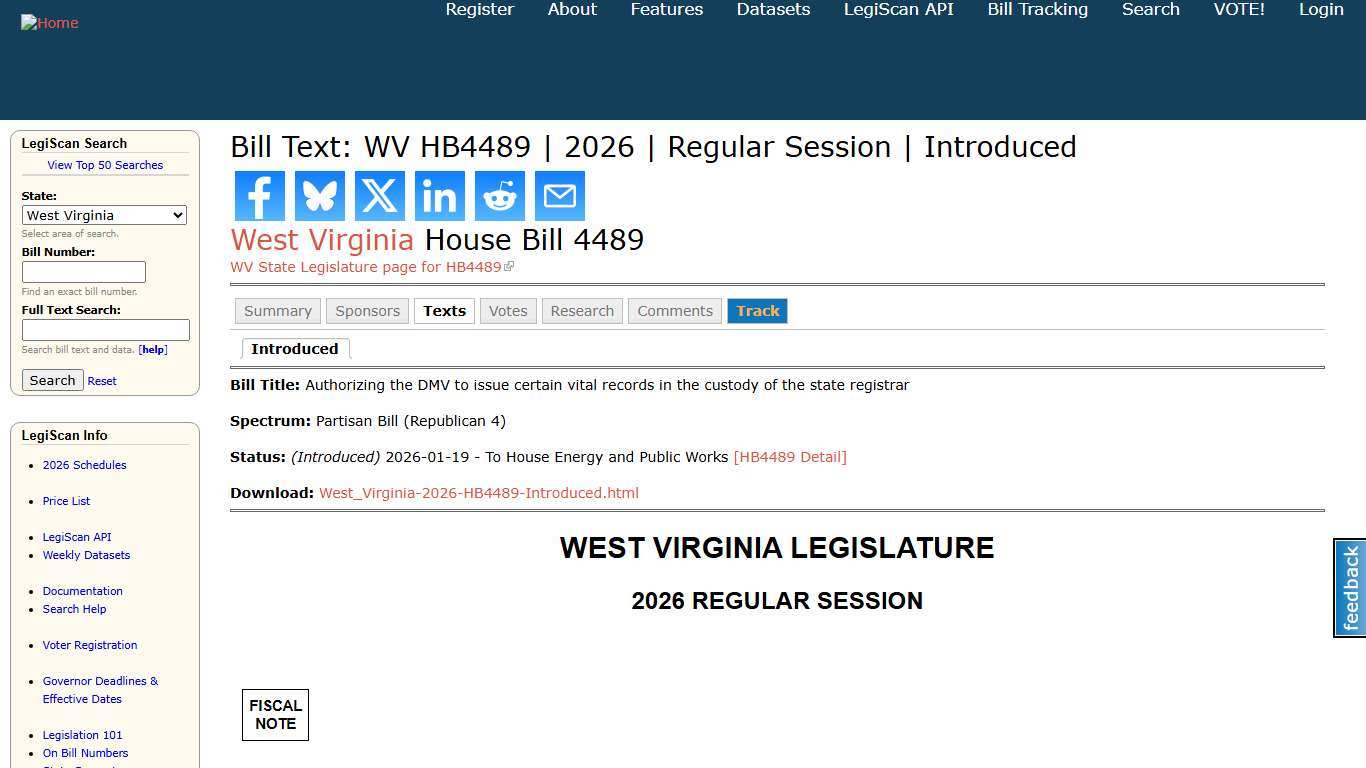 Bill Text: WV HB4489 2026 Regular Session Introduced LegiScan